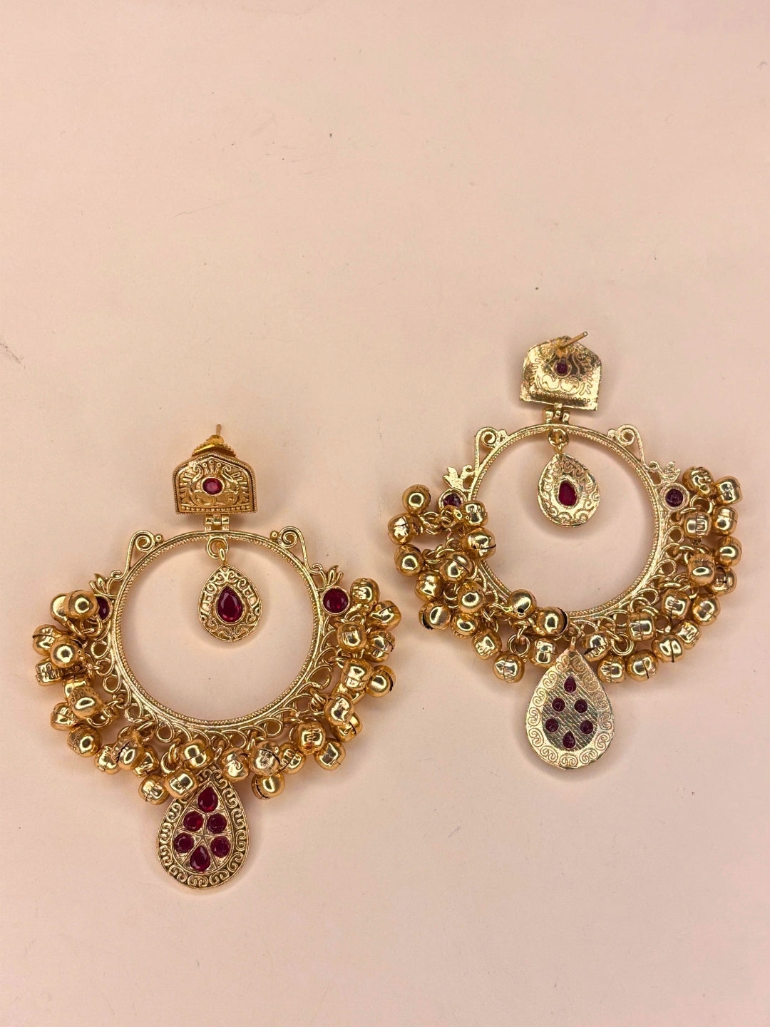 Gold-Plated Red Kundan Ghungroo Statement Earrings