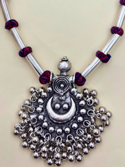 Women Oxidised Silver-Plated & Gold-Toned Stone Studded Long Pendant Necklace Jewellery Set