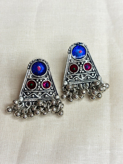 Oxidised Silver-Plated Multicolour Embellished Tribal Statement Choker Necklace Jewellery Set