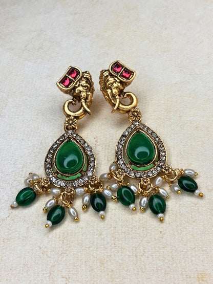 Gold-Plated Green Stone-Studded Temple Hasli Necklace Jewellery Set