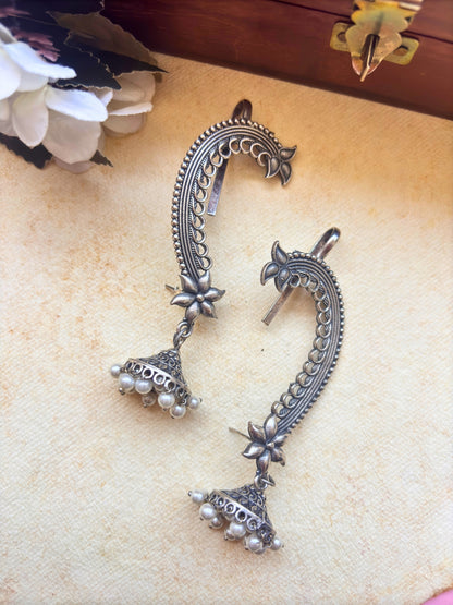 Oxidised Silver-Plated Floral Ear Cuff Jhumka Earrings