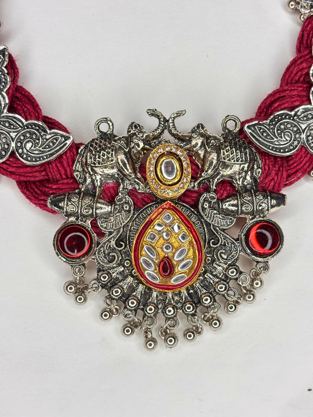 German Silver Floral Charm Statement Bohemian Meenakari Jute Necklace