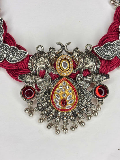 German Silver Floral Charm Statement Bohemian Meenakari Jute Necklace