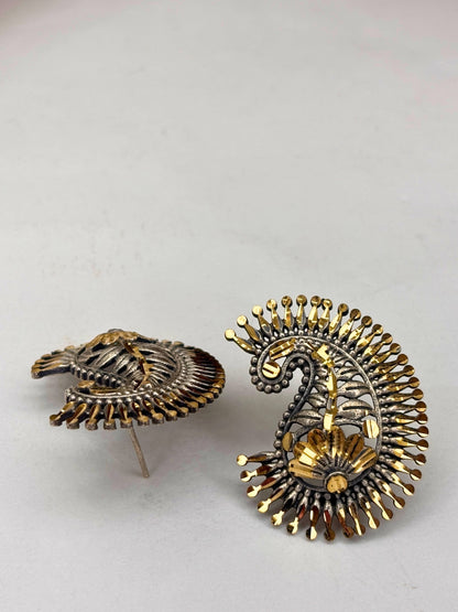 Oxidised Silver-Plated Peacock Design Gold-Toned Statement Stud Earrings