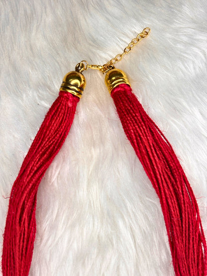 Gold-Plated Oxidised Statement Red Thread Jute Necklace