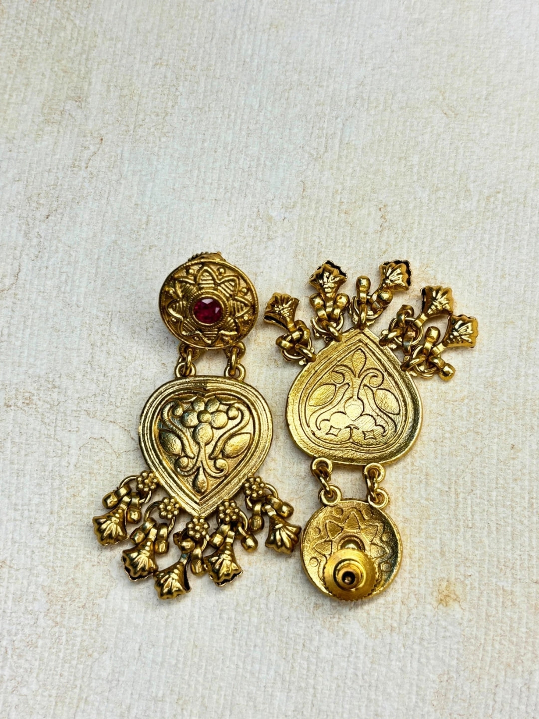 Gold-Plated Red Kundan Stone Floral Drop Statement Earrings