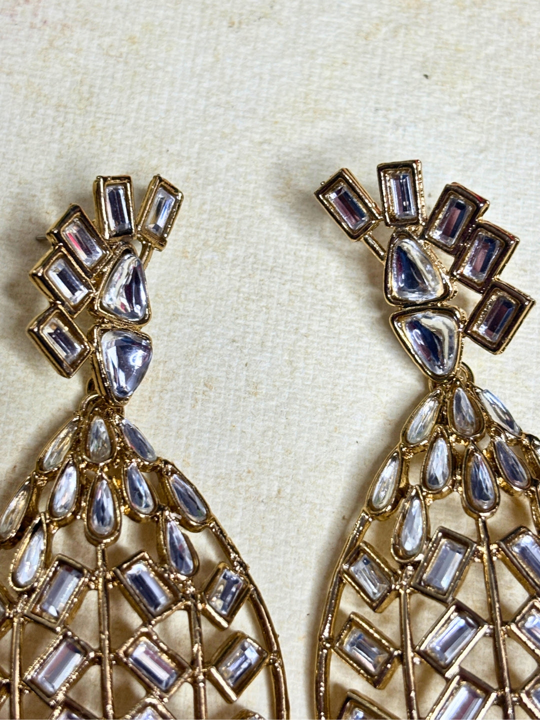 Gold-Plated Crystal Geometric Kundan-Style  Handcrafted Drop Chandbalis Earrings