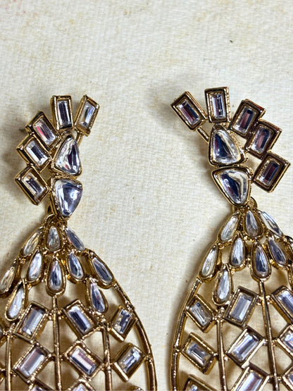 Gold-Plated Crystal Geometric Kundan-Style  Handcrafted Drop Chandbalis Earrings