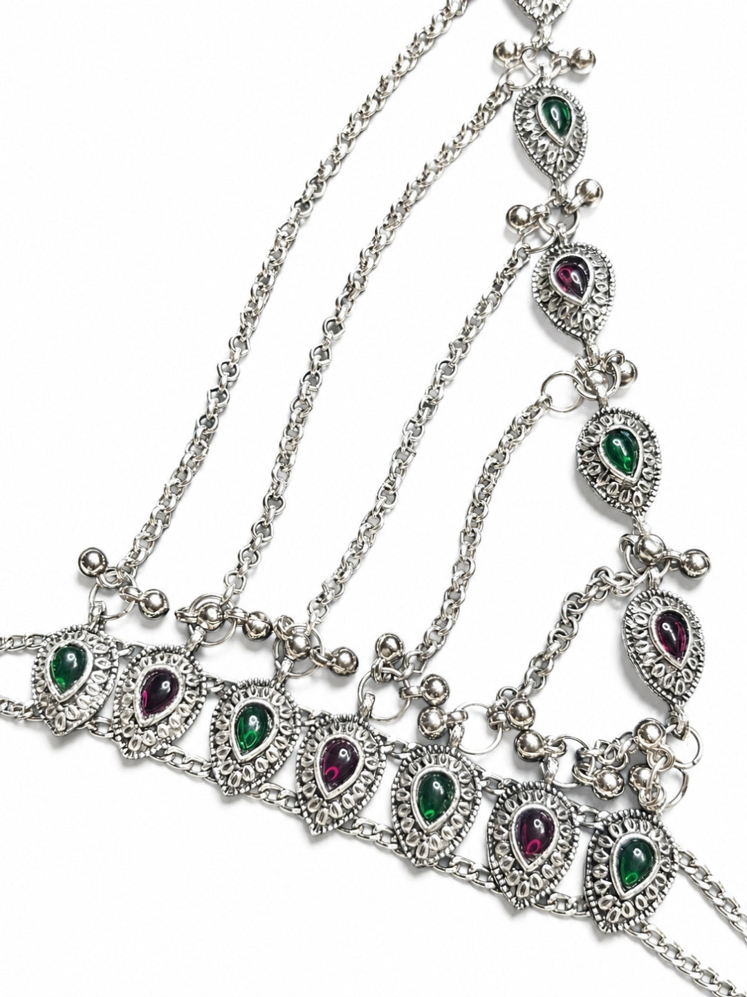 Women Oxidised Silver-Plated Pink Kundan Stone-Studded Layered Anklet with Toe Ring
