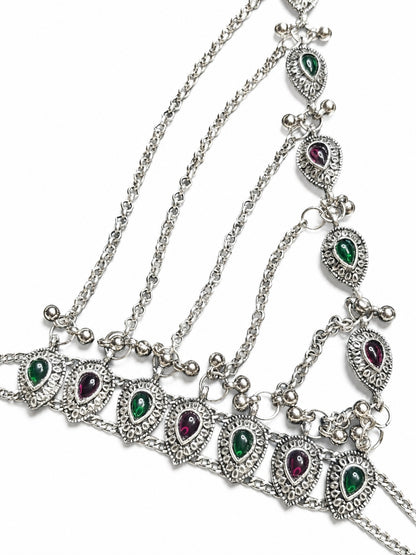 Women Oxidised Silver-Plated Pink Kundan Stone-Studded Layered Anklet with Toe Ring