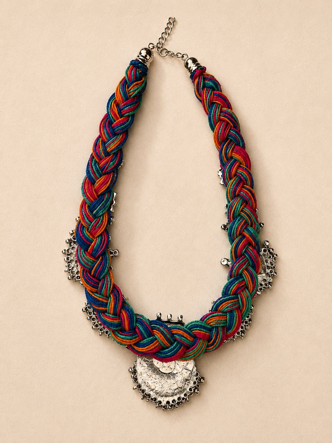 German Silver Floral & Peacock Charm Statement Bohemian Meenakari Multi Jute Necklace