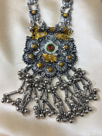 Women Oxidised Silver-Plated & Gold-Toned Stone Studded Long Pendant Necklace Jewellery Set