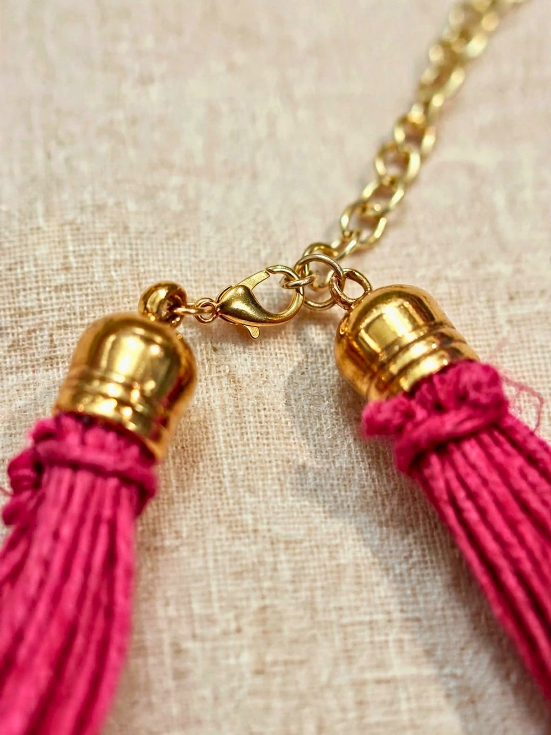 Gold-Plated Oxidised Statement Magenta Thread Layered Jute Necklace