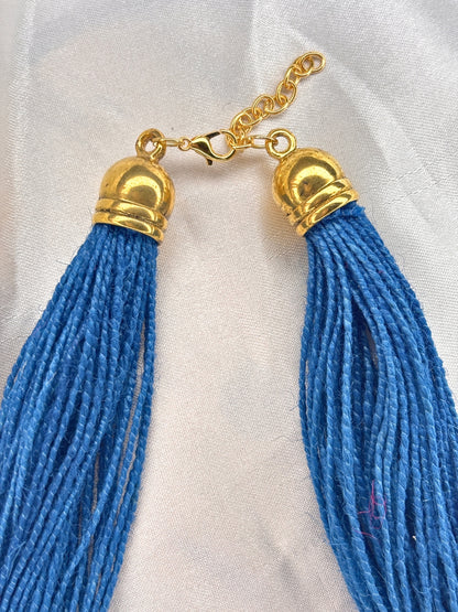 Gold-Plated Oxidised Statement Blue Thread Jute Necklace