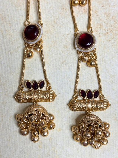 Gold-Plated Red Kundan Stone Studded Long Chain Kashmiri Jhumka Earrings
