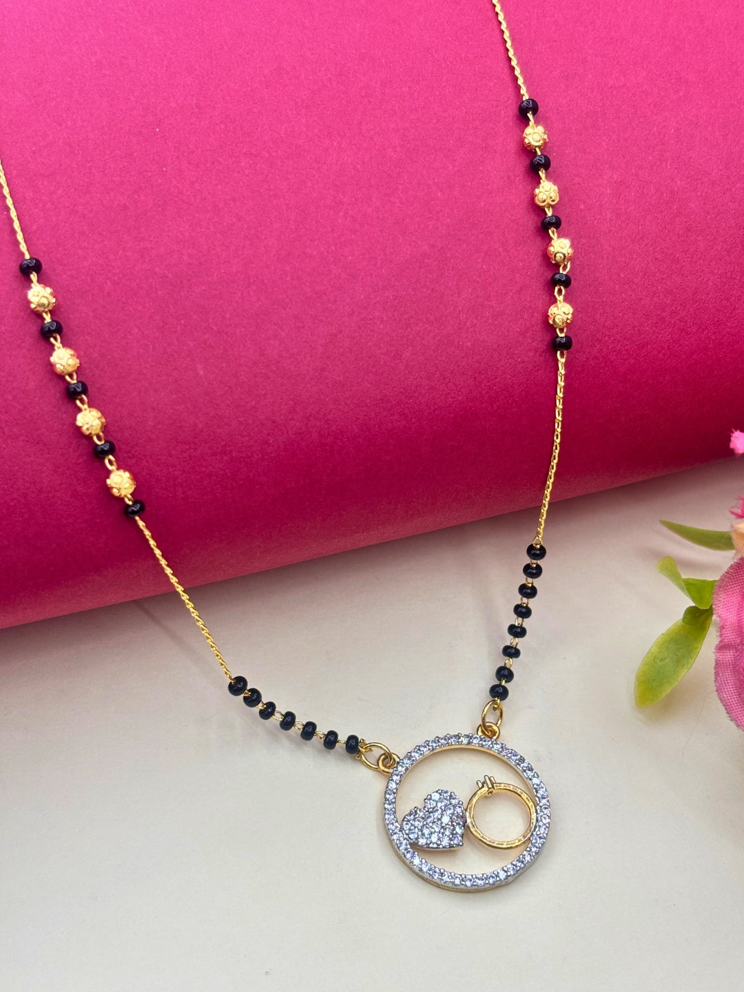 Gold-Plated American Diamond Heart & Ring Pendant Mangalsutra Necklace