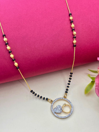Gold-Plated American Diamond Heart & Ring Pendant Mangalsutra Necklace