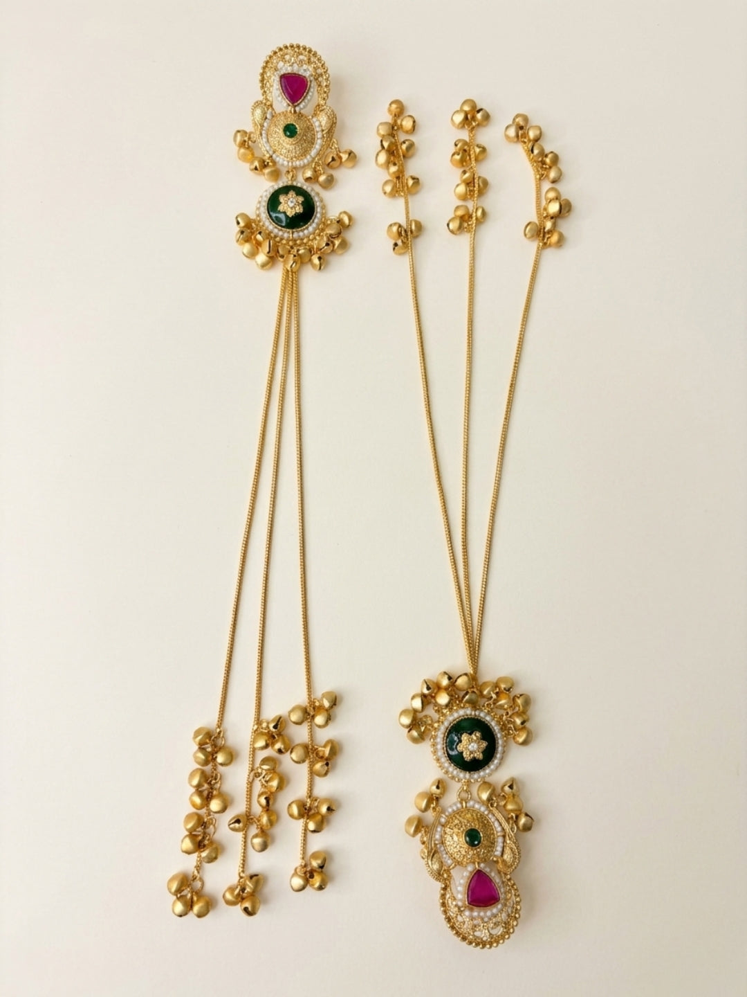 Set Of 2 Gold-Plated Peacock Shaped Kundan & Ghungaroo Studded Kashmiri Drop Earrings