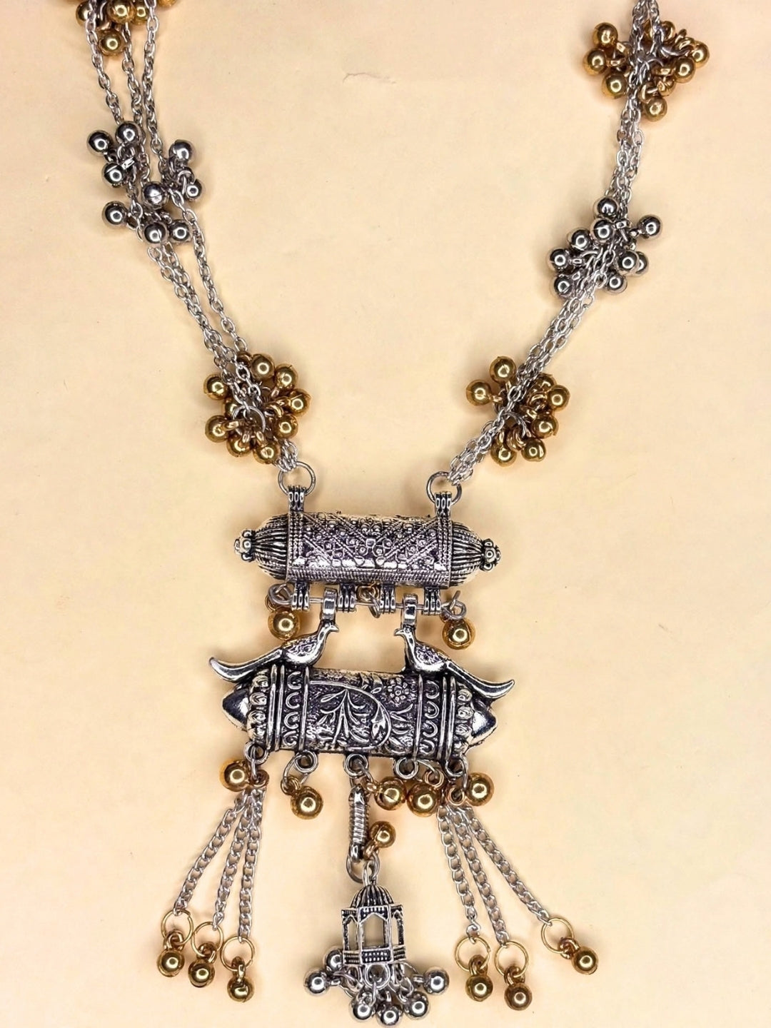 Dual-Tone Silver-Plated Oxidised Tribal Necklace Jewellery Set