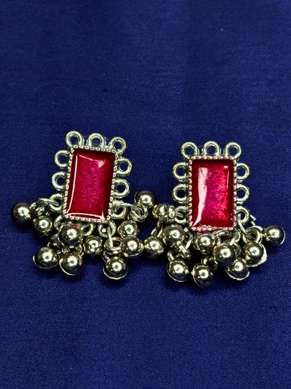 Oxidised Silver-Plated Multicolour Stone Embellished Statement Choker Necklace Jewellery Set