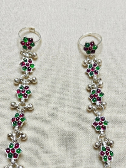Women Silver-Plated Pink Kundan Stone-Studded Floral Anklet with Toe Ring