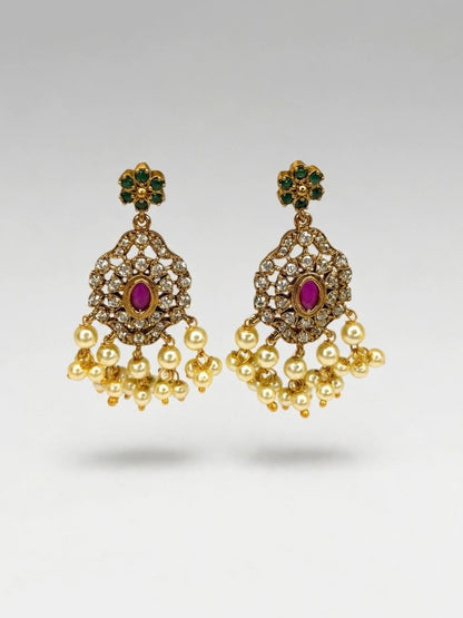 Gold-Plated Ruby, Emerald & Cubic Zirconia Studded Choker Set with Pearl Beads