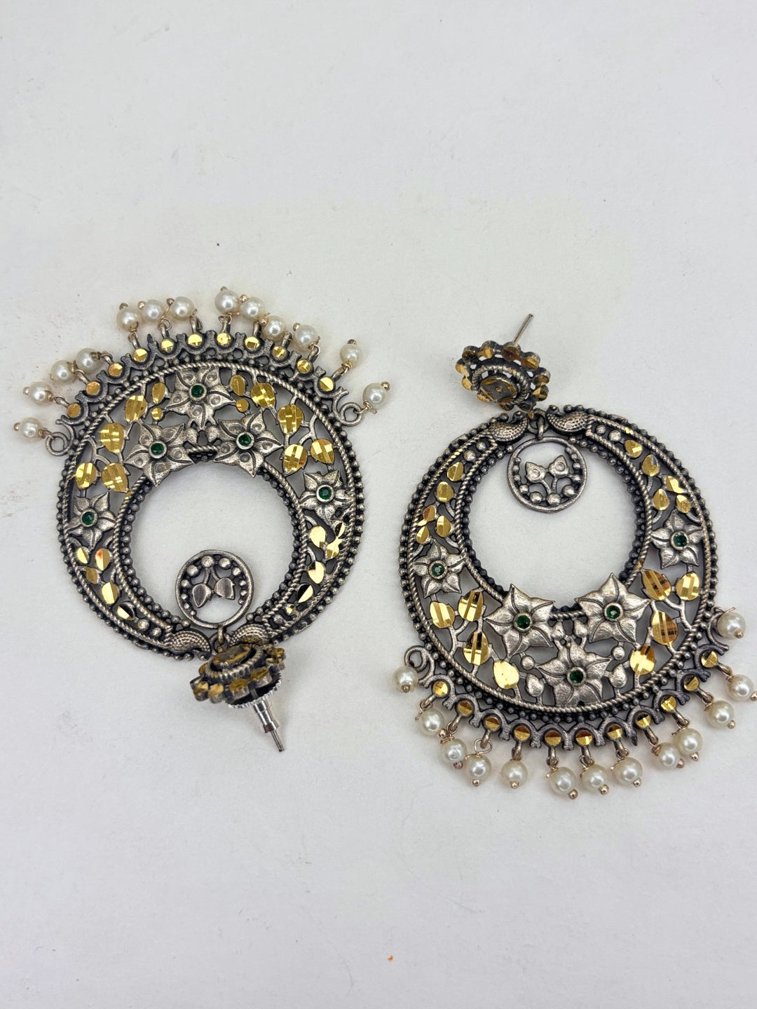 Oxidised Silver-Plated Floral Green Stone & Pearl Embellished Statement Chandbali Earrings
