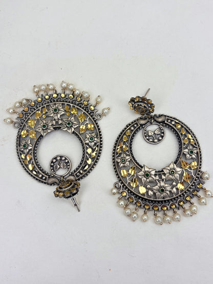 Oxidised Silver-Plated Floral Green Stone & Pearl Embellished Statement Chandbali Earrings