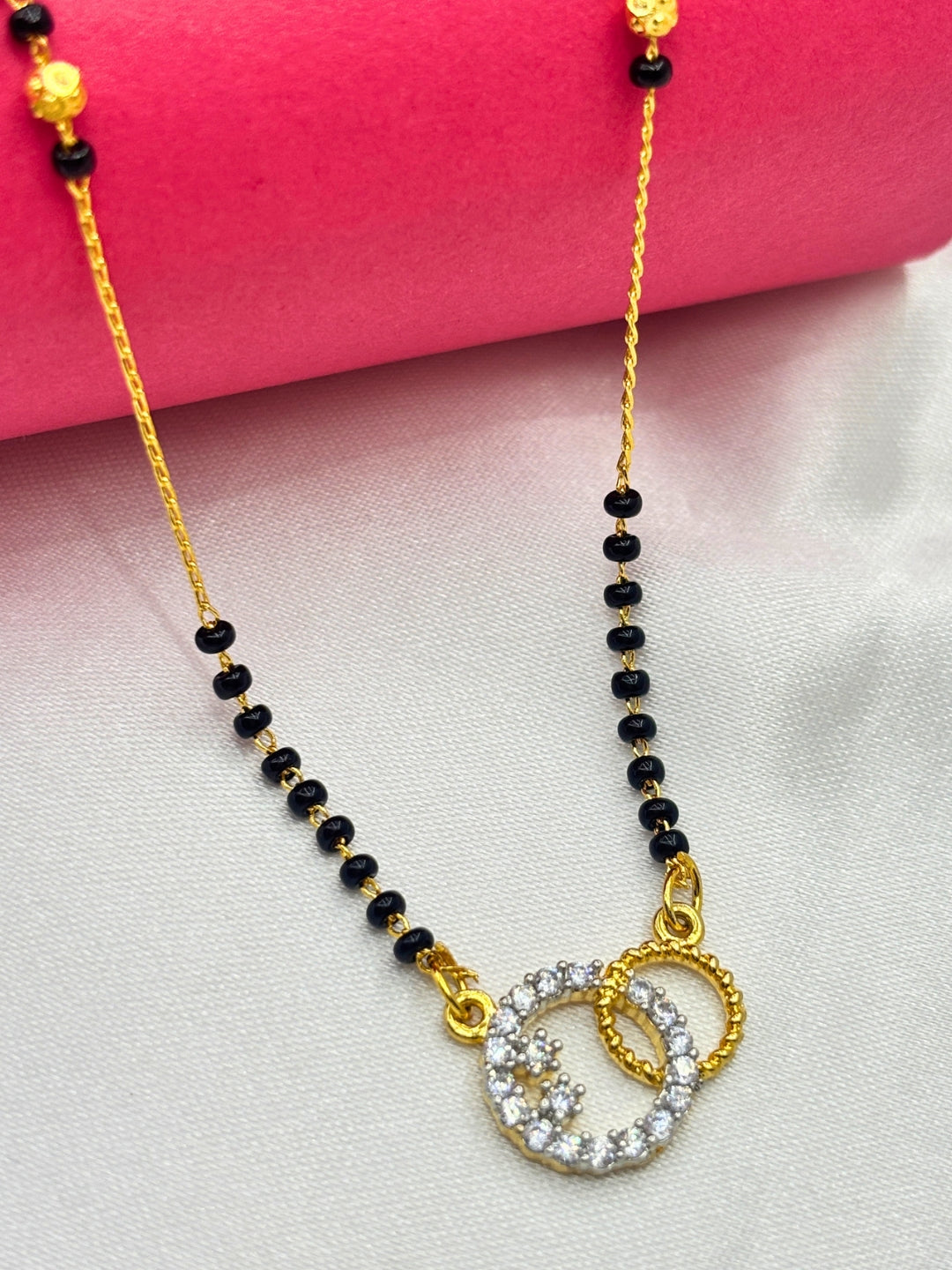 Gold-Plated American Diamond Interlinked Rings Mangalsutra Necklace
