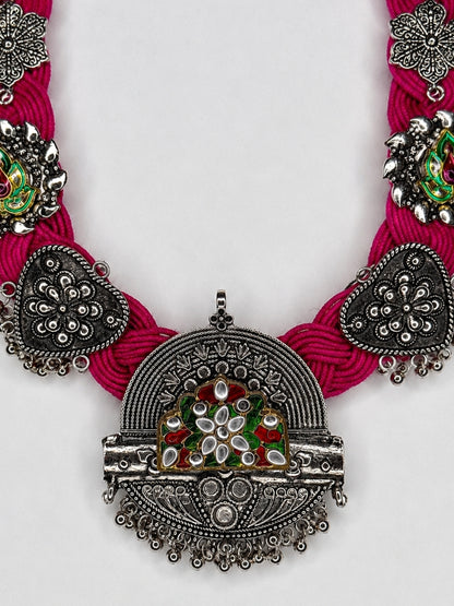 German Silver Magenta Braided Thread Oxidised Silver Statement Necklace