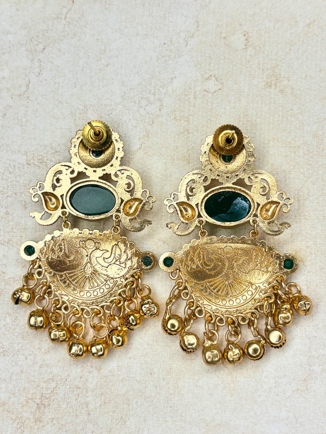 Gold-Plated Green Stone-Studded Peacock Motif Dangler Earrings