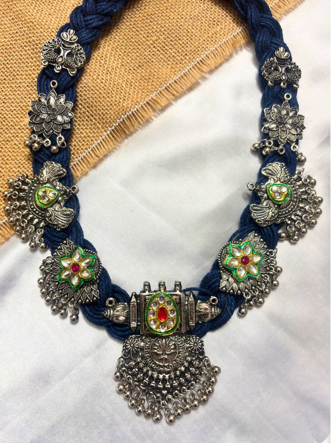 Oxidised Silver plated Floral & Peacock Charm Statement Bohemian Jute Necklace