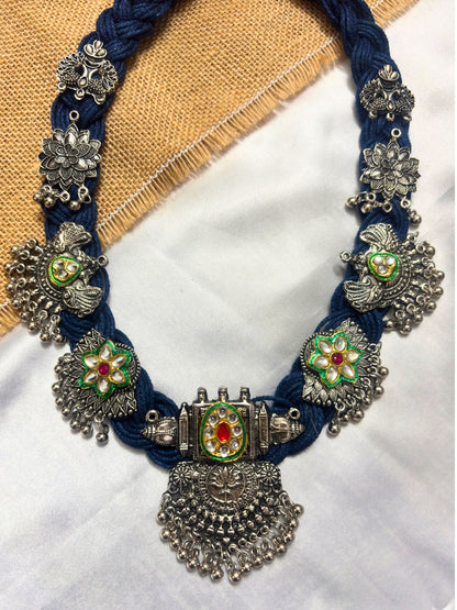 Oxidised Silver plated Floral & Peacock Charm Statement Bohemian Jute Necklace