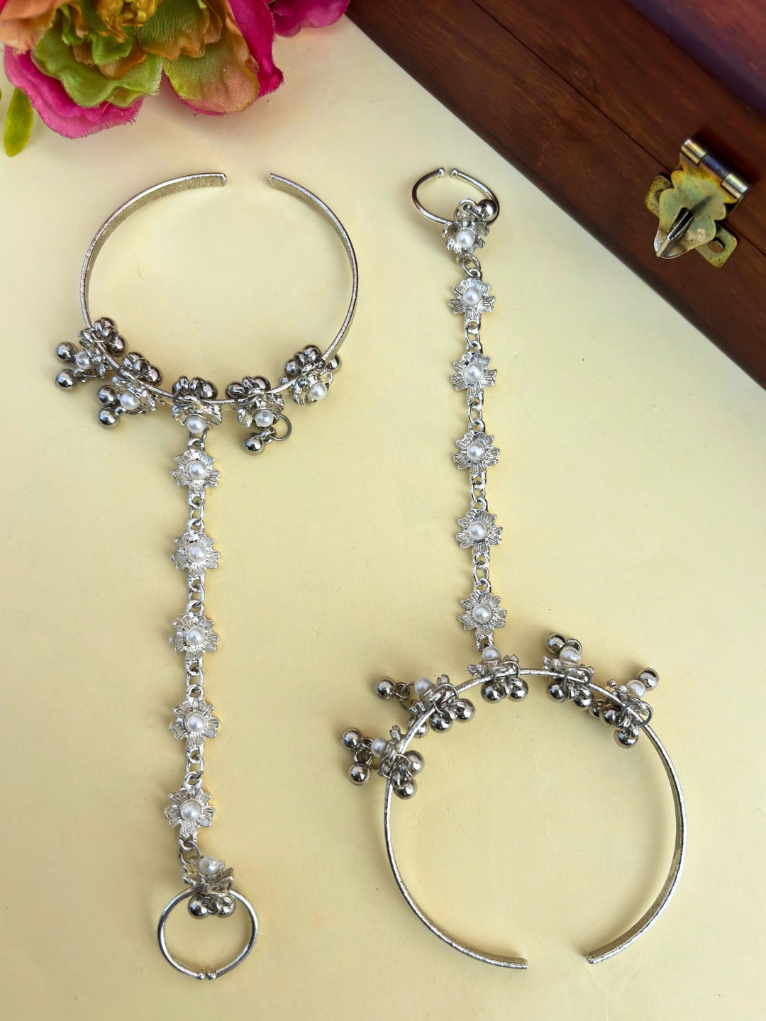 VIVAZS Silver-Plated Pearl Ring Bracelet With Hathphool