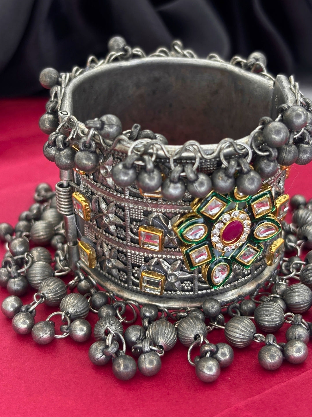 Silver-Plated Oxidised Kundan Meenakari Ghungroo Kada Bangle Bracelet