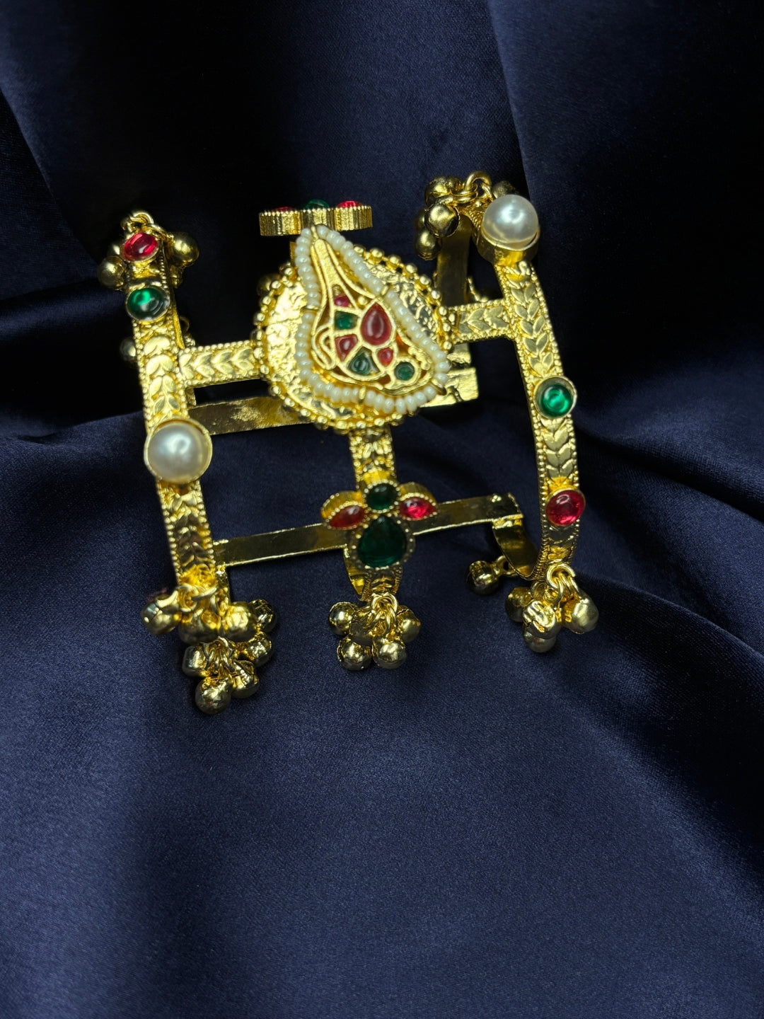 Women Gold-Plated Kundan & Pearl Embellished Adjustable Bangle Bracelet
