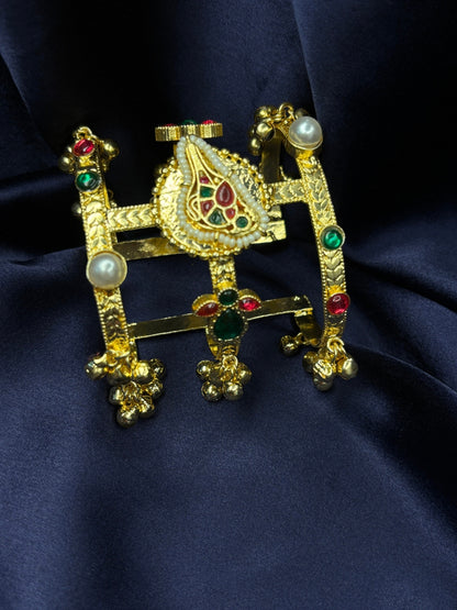 Women Gold-Plated Kundan & Pearl Embellished Adjustable Bangle Bracelet