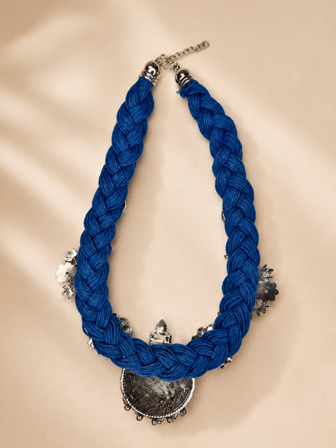 German Silver Floral Charm Statement Bohemian Meenakari Blue Jute Necklace