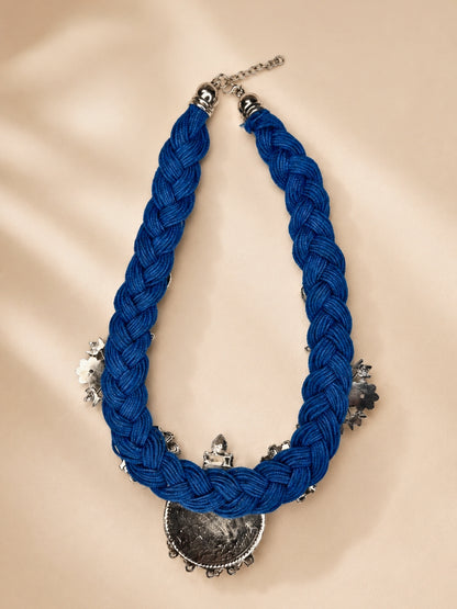 German Silver Floral Charm Statement Bohemian Meenakari Blue Jute Necklace
