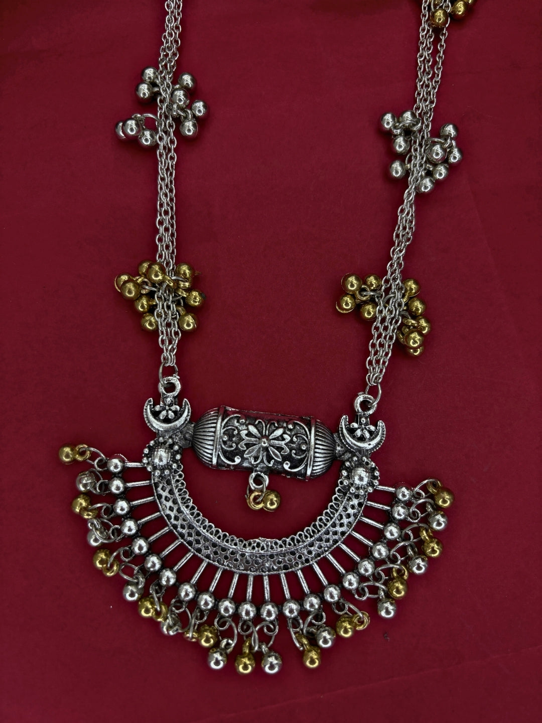 Dual-Tone Silver-Plated Oxidised Tribal Necklace Jewellery Set