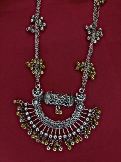 Dual-Tone Silver-Plated Oxidised Tribal Necklace Jewellery Set