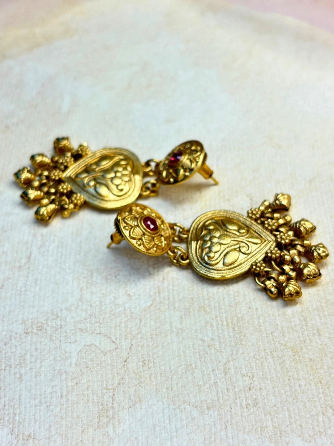 Gold-Plated Red Kundan Stone Floral Drop Statement Earrings