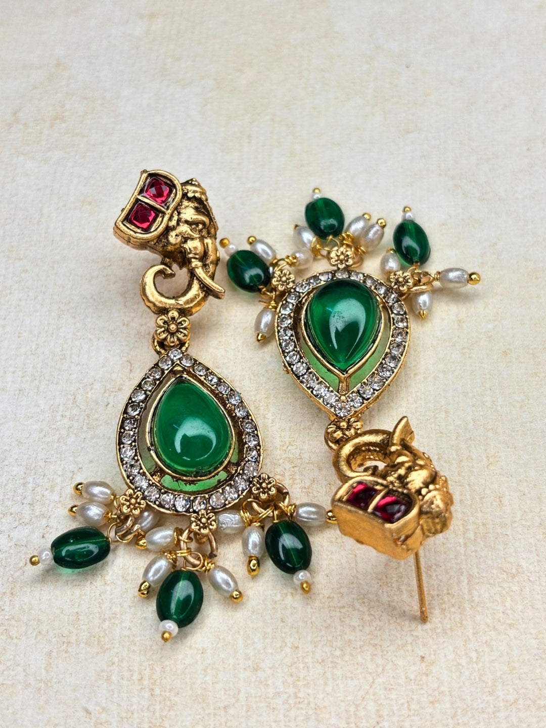 Gold-Plated Green Stone-Studded Temple Hasli Necklace Jewellery Set