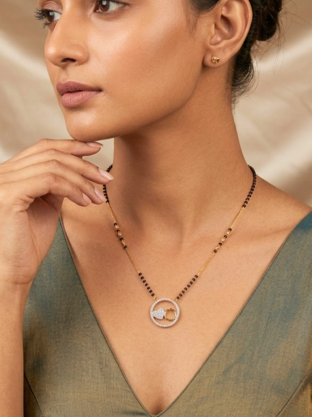 Gold-Plated American Diamond Heart & Ring Pendant Mangalsutra Necklace