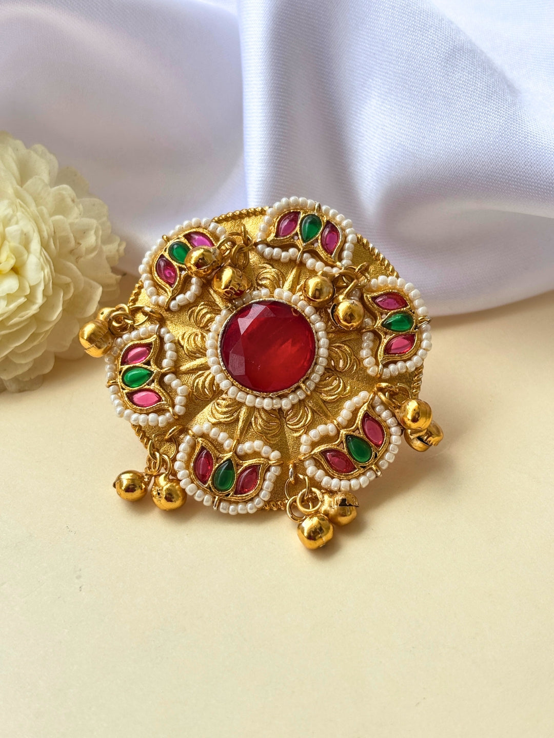 Gold-Plated Red Stone Kundan Floral Statement Ring