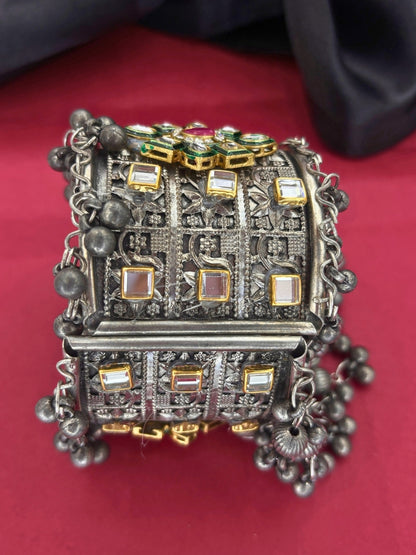 Silver-Plated Oxidised Kundan Meenakari Ghungroo Kada Bangle Bracelet