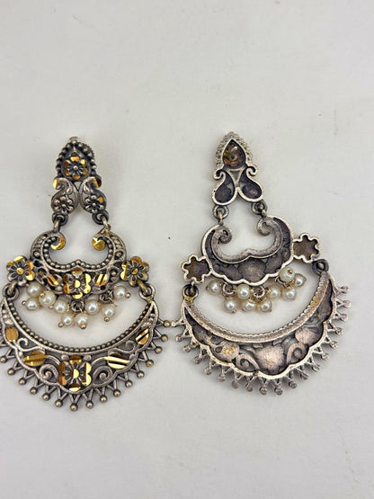 Oxidised Silver-Plated Floral & Pearl Embellished Statement Chandbali Earrings