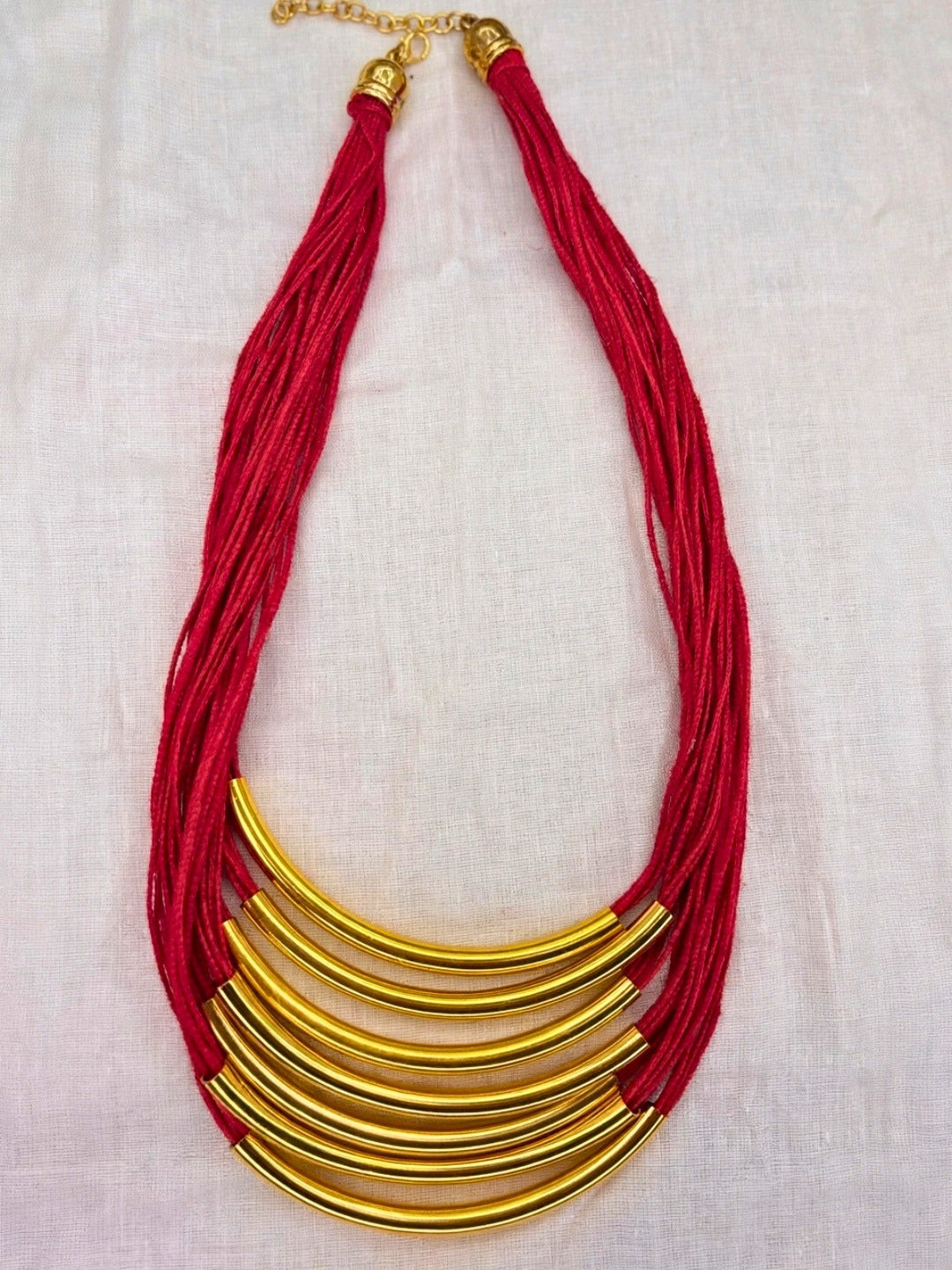 Gold-Plated Oxidised Statement Red Thread Layered Jute Necklace