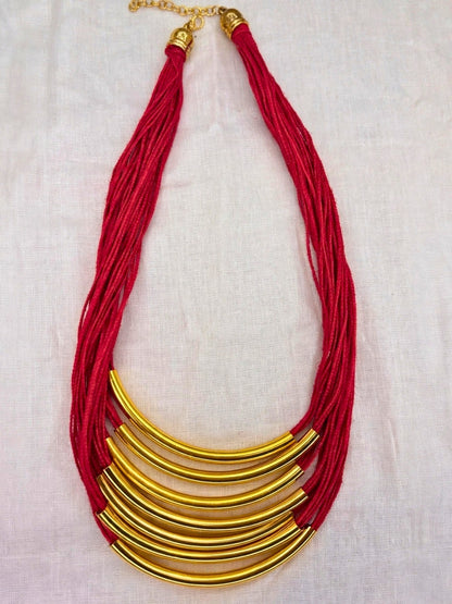 Gold-Plated Oxidised Statement Red Thread Layered Jute Necklace