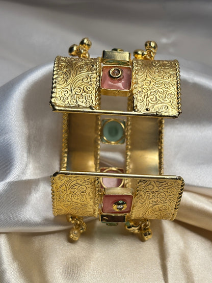 Women Gold-Plated Kundan & Pearl Embellished Adjustable Bangle Bracelet